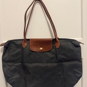 Longchamp Le Pliage Grey Tote with Brown Leather Trim